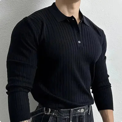 Men's Ribbed Knit Polo Shirt - Casual Button-Up Top